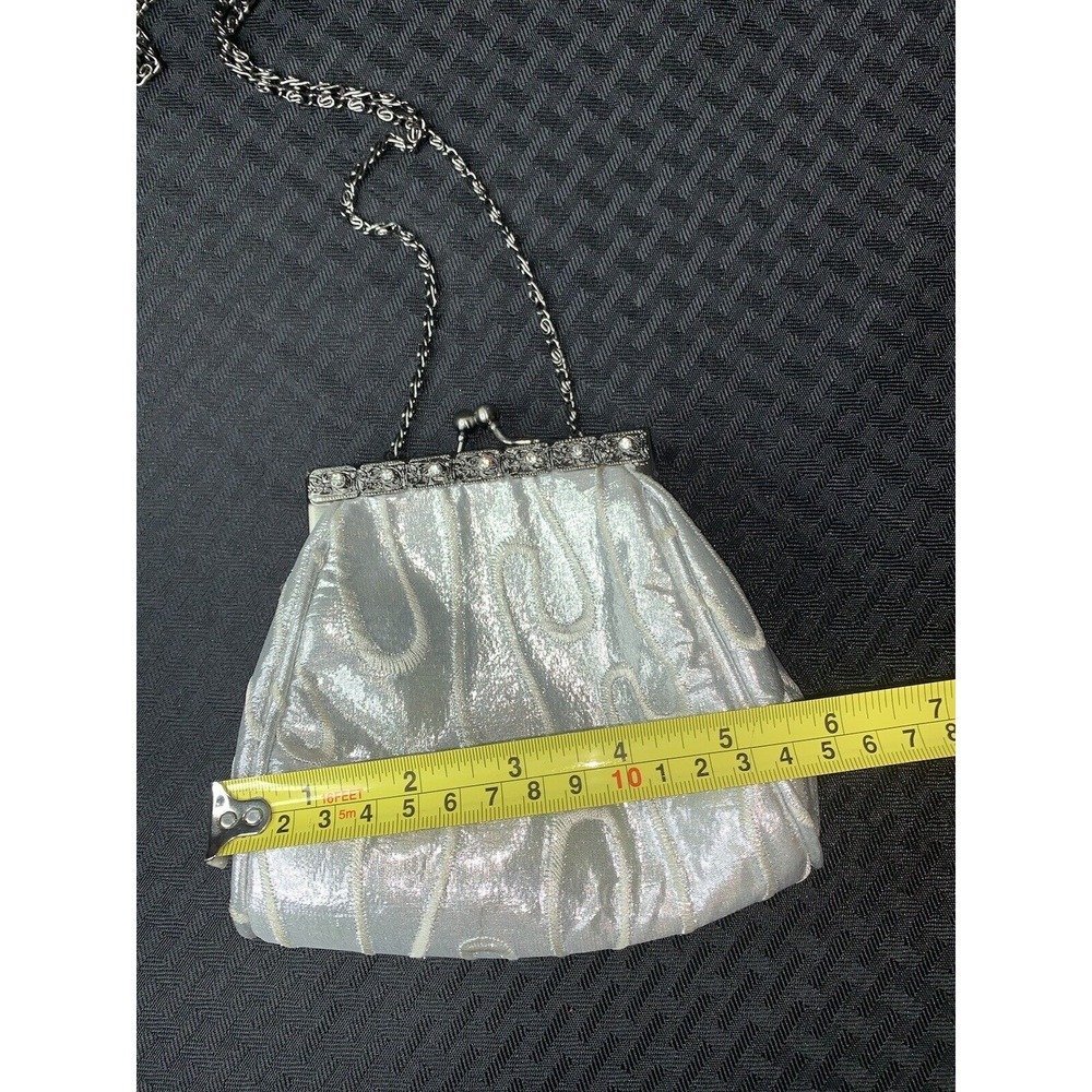 Purse Evening Bag Vintage Silver Embroidered Rhinestones Prom Wedding Formal - Picture 4 of 16